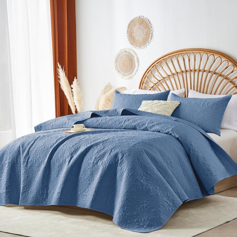 akkialla Full Queen Quilt Bedding Set for All Seasons Lightweight Bluish Grey Bedspreads Queen Size Modern Style Microfiber Soft Floral Pattern Coverlet Set(1 Quilt 2 Pillow Shams) - Image 2